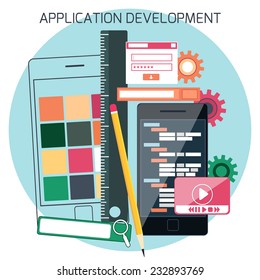Icons for adaptive application development in flat design. Smartphones with site coding pencil and ruller