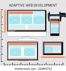 Icons for adaptive web development in flat design. Different screen size device monitors with ruller