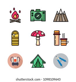 Icons Adventure with backpack, compass, sleeping bag and tent