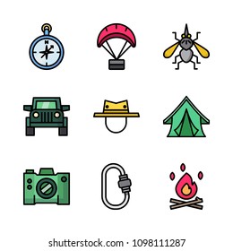 Icons Adventure with camera, compass, hat and carabiner