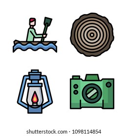 Icons Adventure with camera, trunk, canoe and oil lamp