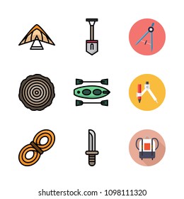 Icons Adventure with canoe, backpack, shovel and compass
