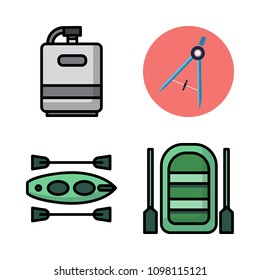 Icons Adventure with canoe, canteen, inflatable boat and compass