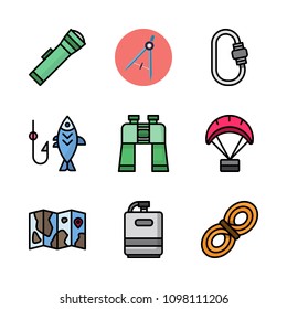 Icons Adventure with canteen, compass, rope and parachute