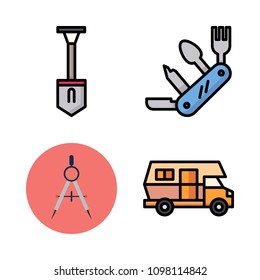 Icons Adventure with caravan, knife, compass and shovel