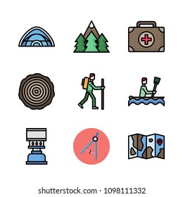 Icons Adventure with hiker, medical kit, cooking and trunk