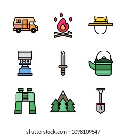 Icons Adventure with kettle, forest, binocualars and bonfire