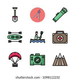 Icons Adventure with lantern, canoe, medical kit and camera