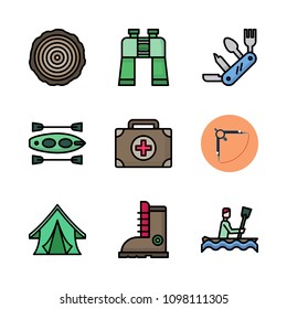 Icons Adventure with medical kit, trunk, binocualars and canoe