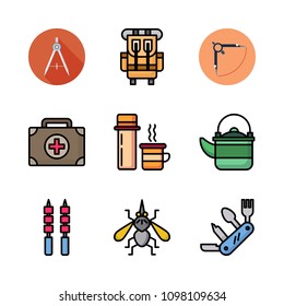 Icons Adventure with mosquito, kettle, medical kit and knife
