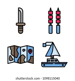 Icons Adventure with skewer, map, dagger and sailing ship