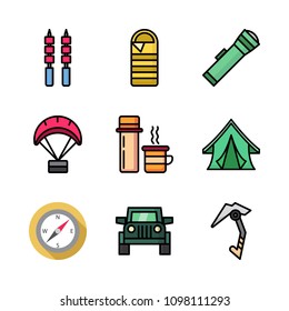 Icons Adventure with tent, climbing, lantern and suv