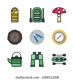 Icons Adventure with trunk, mushroom, compass and kettle