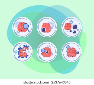 Icons of AI brains with memory chips vector illustrations set. Cartoon drawings of brains with magnifiers and puzzles. Artificial intelligence, programming, machine learning, modern technology concept