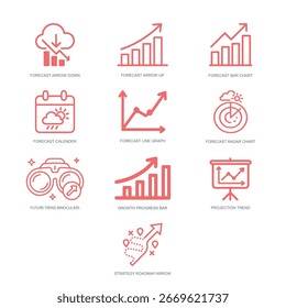 Icons für zukunftsweisende Geschäftsanalysen und Projektionsvisualisierungen.