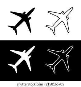 Icons of air planes for travel. Airplanes illustration. Symbols of fly aircraft flat jet silhouettes on white, black backgrounds. Signs of flight of simple airplane to airport for web. Vector.
