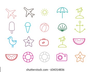 Icons of airplanes, beach balls, ice cream, palm trees, sun, suitcases, camera, sea shell, starfish