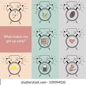 Icons of alarm clocks and things that make every person get up early in the morning on colorful background