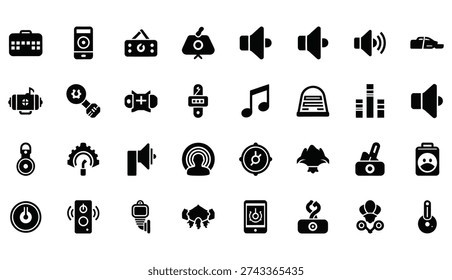  The icons, all rendered in a clean, vector-like style, represent various elements related to audio, music, and technology.