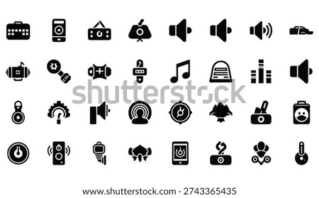  The icons, all rendered in a clean, vector-like style, represent various elements related to audio, music, and technology.