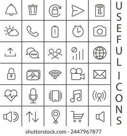 Icons are always needed. Music and image settings interface.  Set of linear vector icons. EPS 10.