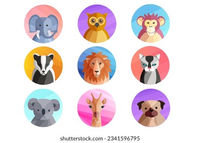 Icons animal avatars icons in the flat cartoon style. Image of cute exotic animals on a colored background. Vector illustration.