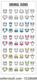 icons animal thin line color black blue pink Yellow green vector Symbols signs object design on white background