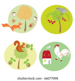 Icons with animals - fox, squirrel, bird , cock