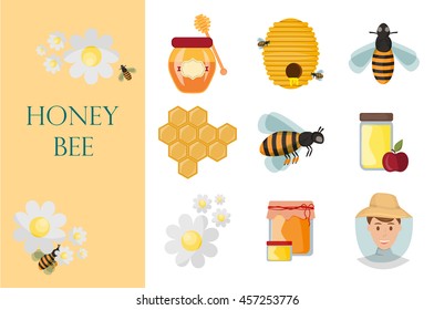 Icons apiaries and bee vector. Bee flying in beehive, jar honey and honeycomb, beekeeper apiary. Apiary set art. Apiary set honey beekeeping honeycomb beeswax apiary bee, honey jar, little bee.