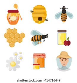 Icons apiaries and yellow bee vector. Bee flying in beehive, jar honey and honeycomb, beekeeper apiary. Set art beekeeping honeycomb beeswax honey jar, little bee agriculture organic wax farm .