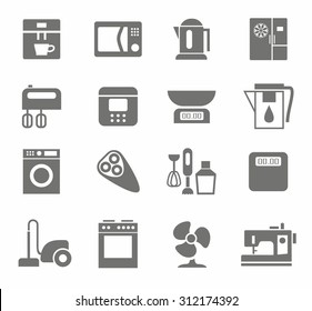 Icons, appliances, monotone, home appliances, white background. Monochrome icons with images of home appliances and electrical goods. White background. For websites, print and infographics. 