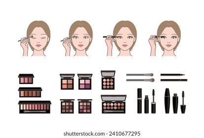 Icons of applying Eyeshadow, Eyeliner, Mascara to wear eye makeup(makeover)