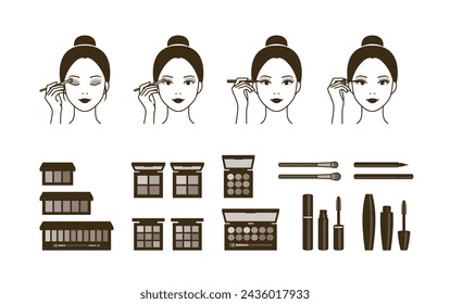 Iconos de la aplicación de sombras de ojos, delineador de ojos, máscara de pestañas para usar maquillaje de ojos (cambio de imagen)