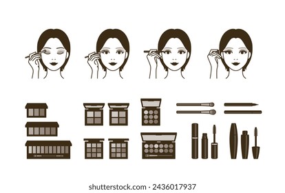 Icons of applying Eyeshadow, Eyeliner, Mascara to wear eye makeup(makeover)