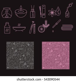 Icons aromatherapy and two pattern on a dark background. Vector illustration.