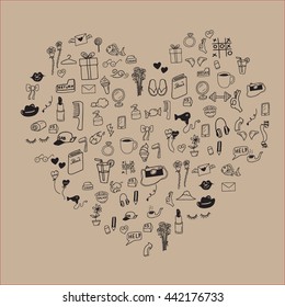 Icons arrange in heart form cartoon drawing