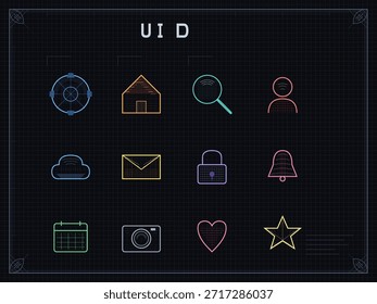Los iconos están dispuestos en un formato de cuadrícula sobre un fondo oscuro. Cada ícono representa los Elementos comunes utilizados en el diseño de la interfaz de usuario, incluidos los símbolos de inicio, búsqueda y mensaje.