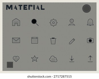 Los iconos están dispuestos en un formato de cuadrícula sobre un fondo gris. Cada icono representa símbolos comunes como una casa, una lupa y un engranaje. El texto Matepial está en la parte superior.
