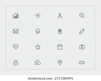 Die Symbole sind in einem Rasterlayout angeordnet, das verschiedene Funktionen anzeigt. Das Raster enthält Symbole für Zuhause, Suchen, E-Mail, Löschen und mehr. Jedes Icon hat ein einfaches Design und eine klare Funktion.