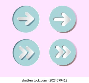 Iconos con flechas. Botones redondos con relieve. Las flechas de papel blanco en un marco azul redondo sobre un fondo rosa pálido. Los botones son convexos y concave. Colección de iconos realistas.  Recorte de papel.