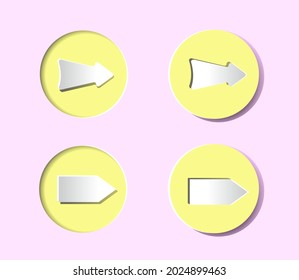 Iconos con flechas. Botones redondos con relieve. Las flechas de papel blanco en un marco amarillo redondo sobre un fondo rosa pálido. Los botones son convexos y concave. Colección de iconos realistas.   Recorte de papel.