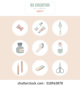 Icons with art supplies in pale colors on white background. Round icon collection.