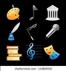 Icons for arts: fine arts, music, architecture, poetry, literature, theater. Vector illustration.