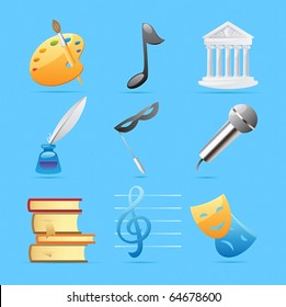Icons for arts: fine arts, music, architecture, poetry, literature, theater. Vector illustration.
