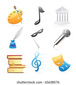 Icons for arts: fine arts, music, architecture, poetry, literature, theatre. Vector illustration.