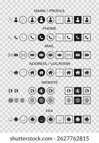 Icons are associated with contact information. Business card. Name, phone, place, location, mail, website. EPS10 vector illustration