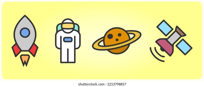 Icons Astronaut Set, Line Style Colorful Icons For App And Web. Space Rocket Ship Icon Set, With Astronaut, Outer Space, Satellite And Ship In Vector Illustration.