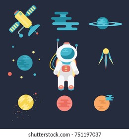 Icons. Astronaut in space, planets, satellite, comet, flat style.