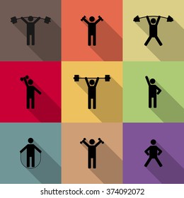 Icons athletes perform exercises with long diagonal shadow, fourth part, vector illustration.
