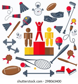 Icons athletes and sporting goods for web and mobile applications. Racket, ball, skates, dumbbells on a white background. The modern concept sports of elements of for your design. Vector illustrations